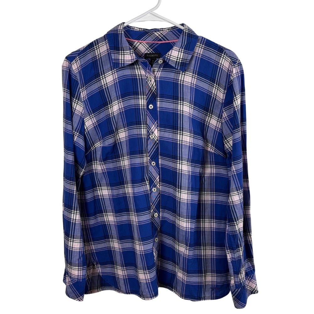 Talbots Button-Down Shirt Women's M Blue Pink Plaid Long-Sleeve Cotton Preppy